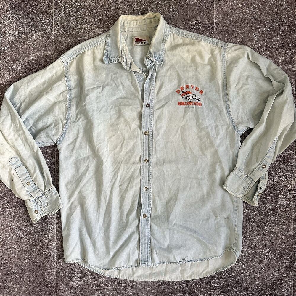 Men's Vintage 90's Pro Elite Denver Broncos Denim Chambray Button Up Shirt Sz M